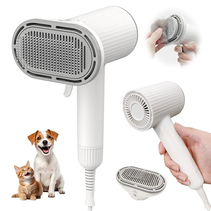 Dog Hair Dryer, Professional 2-in-1 Pet Hair Dryer & Grooming Brush with Removable Comb, Adjustable Temperature/Speed, Portable Dryer for Dogs and Cats-PawvioPets