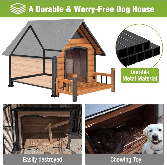 Dog House Outdoor Insulated, Sturdy & Warm Winter Puppy Shelter, 45" L Large Dog Kennel with Chew-Proof Iron Frame, Suitable for Small to Large Dogs(Brown)-PawvioPets