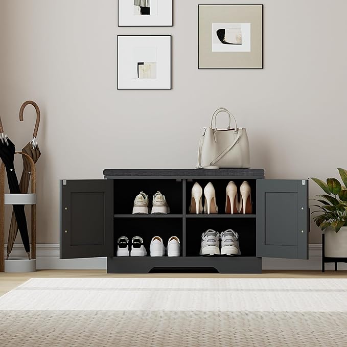 2-Tier Storage Bench, Shoe Bench with Padded Seat Cushion, Entryway Bench with 2 Barn Doors, Adjustable Shelf, 13.8" D x 27.6" W x 17.7" H, for Entryway, Living Room, Bedroom, Black-PawvioPets