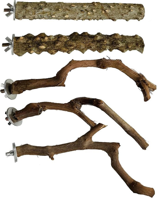 Allazone 5 PCS Natural Wooden Parrot Stand Bird Perch Stand Grape Stick Hanging Multi Branch Perch for Parrots, Bird Cage Accessories-PawvioPets