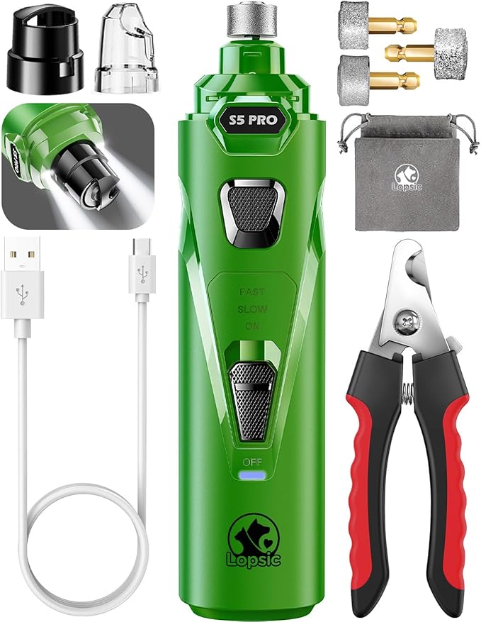 Dog Nail Grinder with 2 LED Lights Powerful 2 Speeds Super Quiet Dog Nail Trimmers with 3 Grinding Wheels Rechargeable Pet Dog Nail Clippers for Large Medium Puppy Dogs Dog Nail File Cat Nail Clipper-PawvioPets
