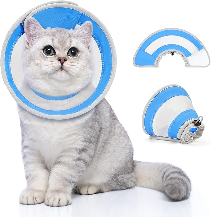 Breathable Air Mesh Cat Cone Collar Soft to Stop Licking, Adjustable, Foldable Lightweight Kitten Cones After Surgery Recovery for Cats & Kittens (Light Blue,L)-PawvioPets