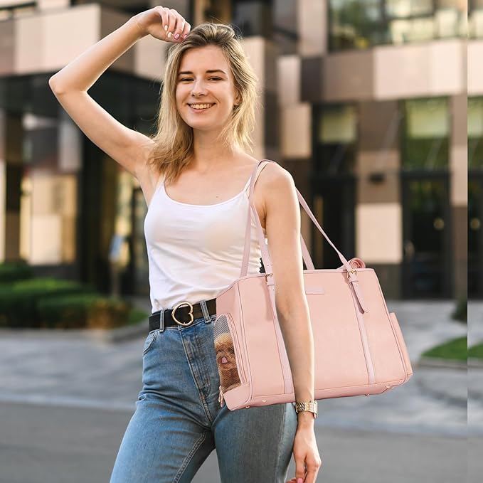 Fashion Dog Purse Pet Carrier Leather Bag for Small Dogs Cats Puppy, Portable Tote Bag Airline Approved Soft-Sided Carriers (Pink)-PawvioPets