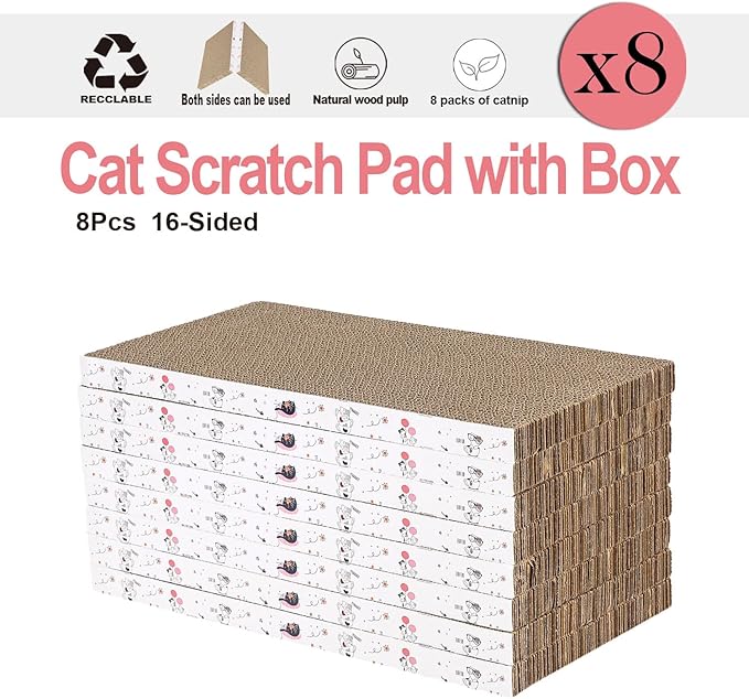 8 Packs in 1 Cat Scratch Pad, Cat Scratcher Cardboard,Reversible,Durable Recyclable Cardboard, Premium Scratch, Suitable for Cats to Rest, Grind Claws and Play-PawvioPets