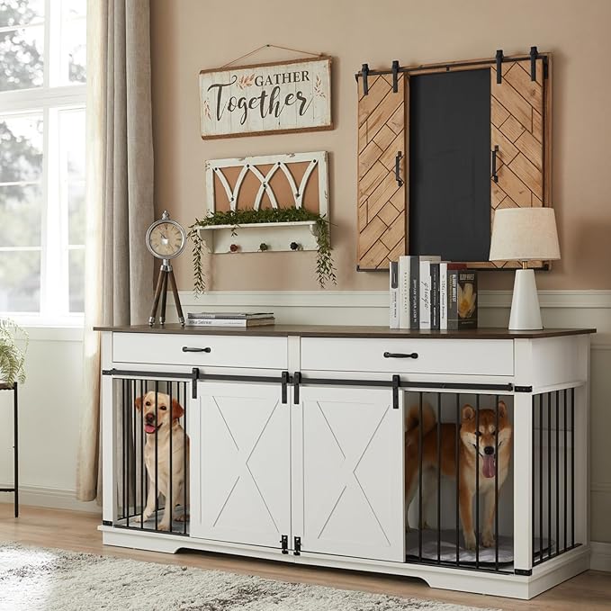 EDYO LIVING 72.5" Large Dog Crate Furniture for 2 Dogs, Wooden Dog Kennel with Drawers, Divider, Sliding Barn Door, Water Resistant Indoor Furniture Style Double Dog Crates, White-PawvioPets