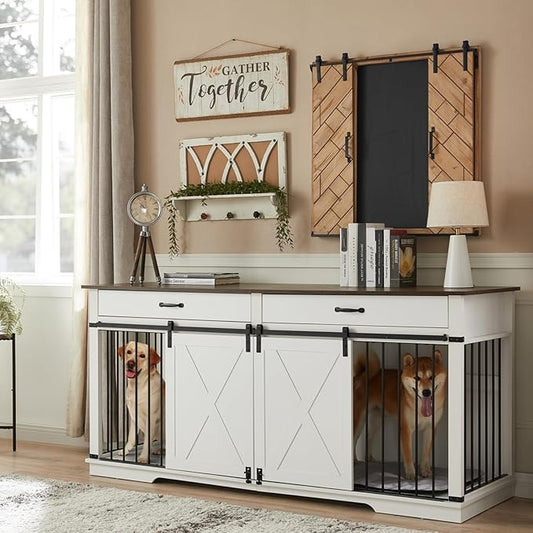 EDYO LIVING 72.5" Large Dog Crate Furniture for 2 Dogs, Wooden Dog Kennel with Drawers, Divider, Sliding Barn Door, Water Resistant Indoor Furniture Style Double Dog Crates, White-PawvioPets