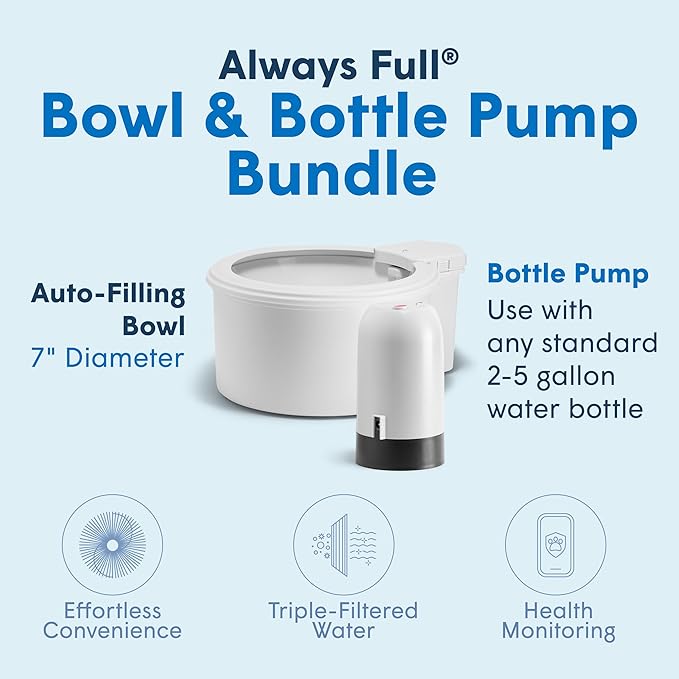 Always Full® 7" Pet Water Bowl and Bottle Pump Bundle, Self-Refilling, Clean Filtered Water, App-Enabled Hydration Monitoring, Easy Upgrade to Wall Unit, Cat and Dog Water Bowls-PawvioPets