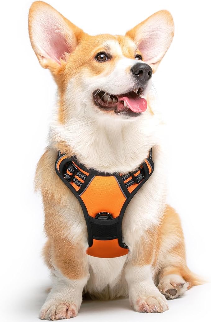 Eagloo Dog Harness Medium Sized Dog, No Pull Service Vest with Reflective Strips and Control Handle, Adjustable and Comfortable for Walking, No Choke Pet Harness with 2 Metal Rings, Orange, M-PawvioPets