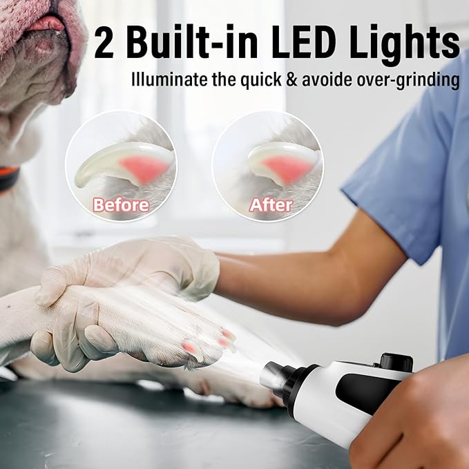 Casfuy Smart 6-Speed Dog Nail Grinder - 50% More Power Pet Nail Grinder with 2 LED Lights Quiet Rechargeable Electric Dog Nail Trimmers File Toenail Grinder for Large Medium Small Dogs & Cats (White)-PawvioPets
