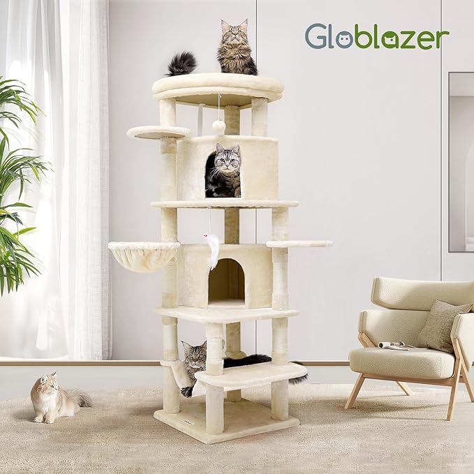 Globlazer Corner Cat Tree for Large Cats, 66inch Tall Curved Series Large Cat Tower for Multiple Indoor Cats with 6 Scratching Posts, 2 Spacious Cat Condos, Hammock, Hanging Basket, C66, Beige-PawvioPets