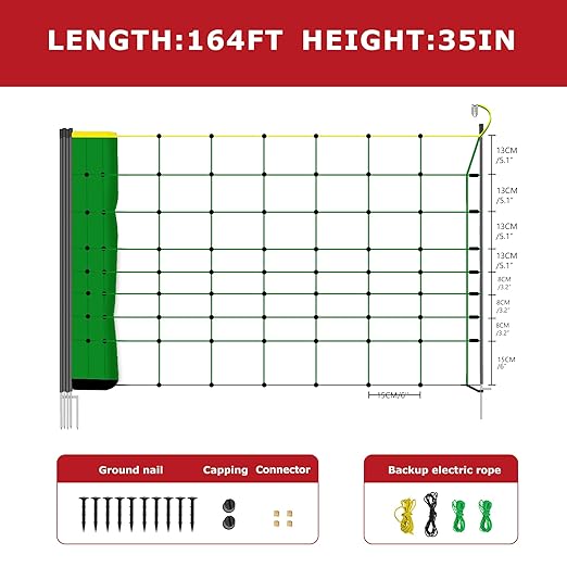 Electric Fence Netting, 164'L x 35.4" H Electric Fence Kit for Livestock, Goat, Dog, Hogs, Double Spiked Portable Electric Poultry Farm Fence, Electric Mesh Fence-PawvioPets