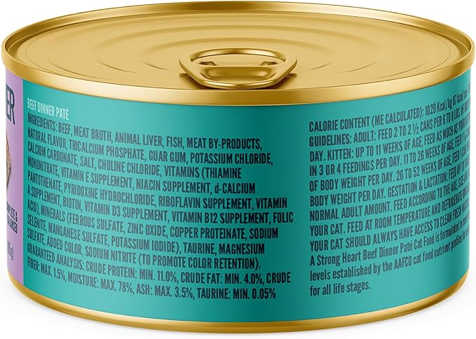 A Strong Heart Canned Wet Cat Food, Beef Dinner Paté - 3 oz Cans (Pack of 24), Made in The USA with Real Beef-PawvioPets