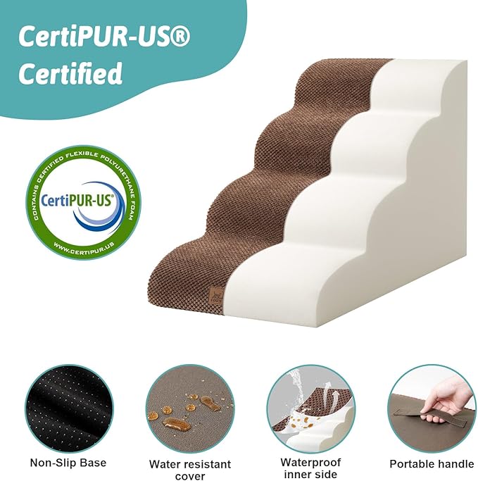 Dog Stairs for Small Dogs 19.7" H, Curved Dog Step for Puppy, Older or Cat, Medium Pet Ramp for Sofa, Couch or Bed, Ladder with High Density Foam, 15.7x28.3x19.7 inch, 4 Step, Brown-PawvioPets