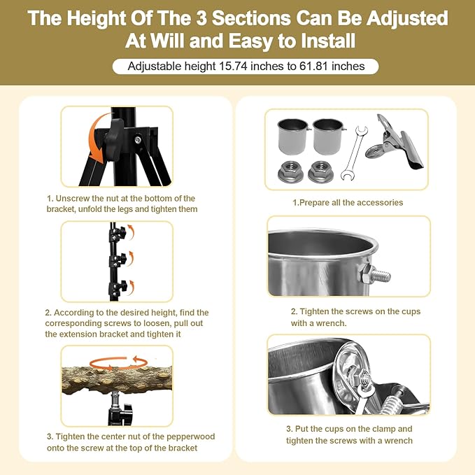 16-63 Inch Height Adjustable Bird Perch Pepper Wood Parrot Training Perch Stand with Feeding Cups and Swing Toy Parakeet Perches Indoor and Outdoor Parrot Stands for Small to Medium Bird-PawvioPets