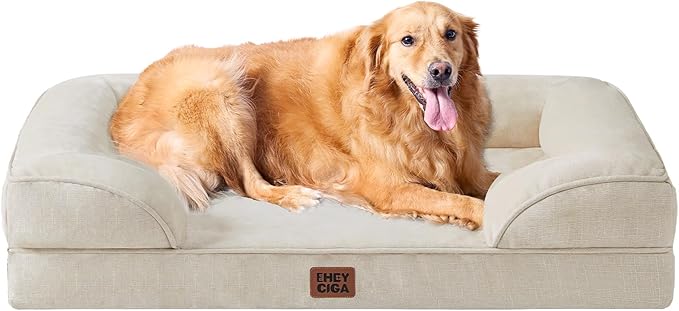 EHEYCIGA Orthopedic Dog Beds for Extra Large Dogs, Waterproof Memory Foam XL Pet Bed with Sides, Non-Slip Bottom and Egg-Crate Foam Big Dog Couch Bed with Washable Removable Cover, Beige-PawvioPets