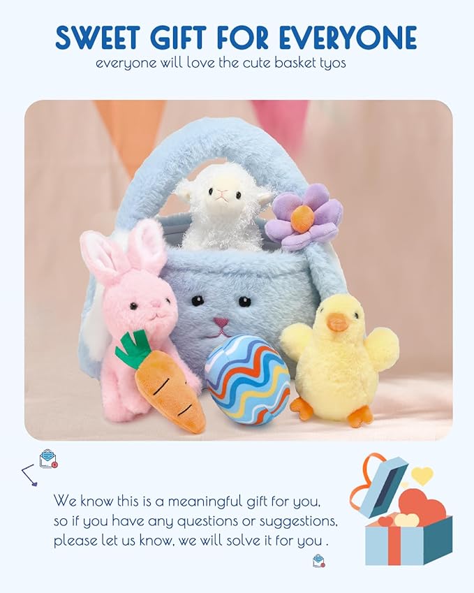 7 Piece Plush Stuffed Animals Playset Toys with Rabbit, Chick, Lamb, Carrot, Egg, Flower, Furry Bag, Soft Basket Set Toys for Girls Kids Ages 3+, Birthday Christmas Valentines Easter Party Favors-PawvioPets