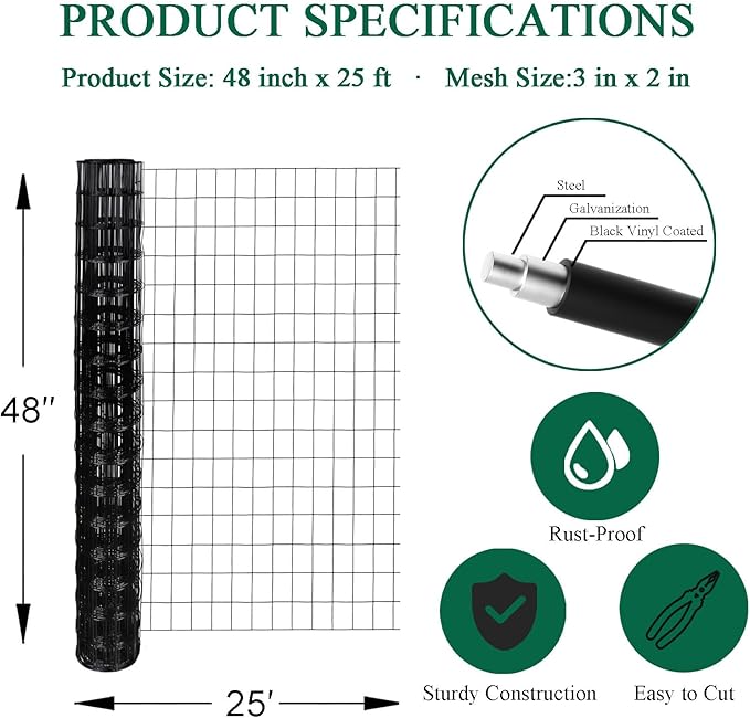 Black PVC Coated Welded Wire Fence 48 Inch x 25 Foot, 2 Inch x 3 Inch 16GA, Garden Border Fencing Roll Vinyl Coating Metal Wire Mesh for Yard Vegetable Plant Protection Poultry Netting-PawvioPets