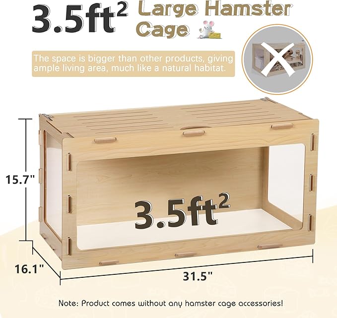 COZIWOW Wooden Hamster Cage Chewproof, Bigger World - 32" Large Hamster Cages and Habitats, Openable Top & 3 Side Acrylic Sheets, Small Animal Cage Pet House for Syrian Dwarf Guinea Pig Chinchilla-PawvioPets