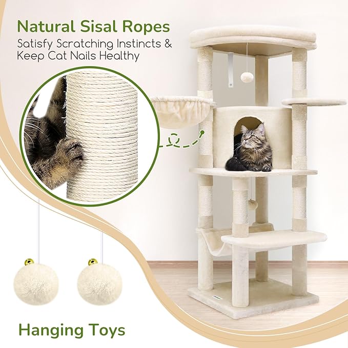Globlazer Corner Cat Tree, 51in Curved Series Modern Cat Tower for Indoor Cats with Hammock, 7 Sisal Scratching Posts, Large Fan-Shaped Platform for Large Cats, Cat Condo & Hanging Basket, C51, Beige-PawvioPets