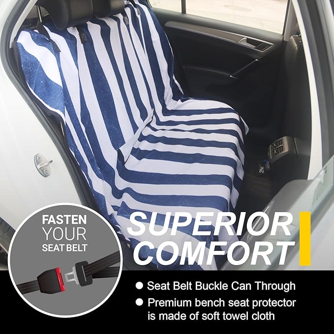 Back Seat Cover for Car Trucks Van SUV,Waterproof Rear Bench Towel Seat Covers for Dogs and Kids,Automotive Backseat Protector (Blue Stripe)-PawvioPets