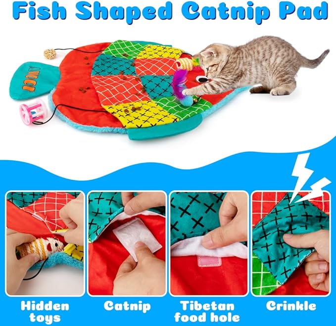 AWOOF Cat Mat, Cute Soft Catnip Mat, Cat Activity Mat Machine Washable Catnip Toys Interactive Cat Toys for Indoor Cats (Fish Shape)-PawvioPets