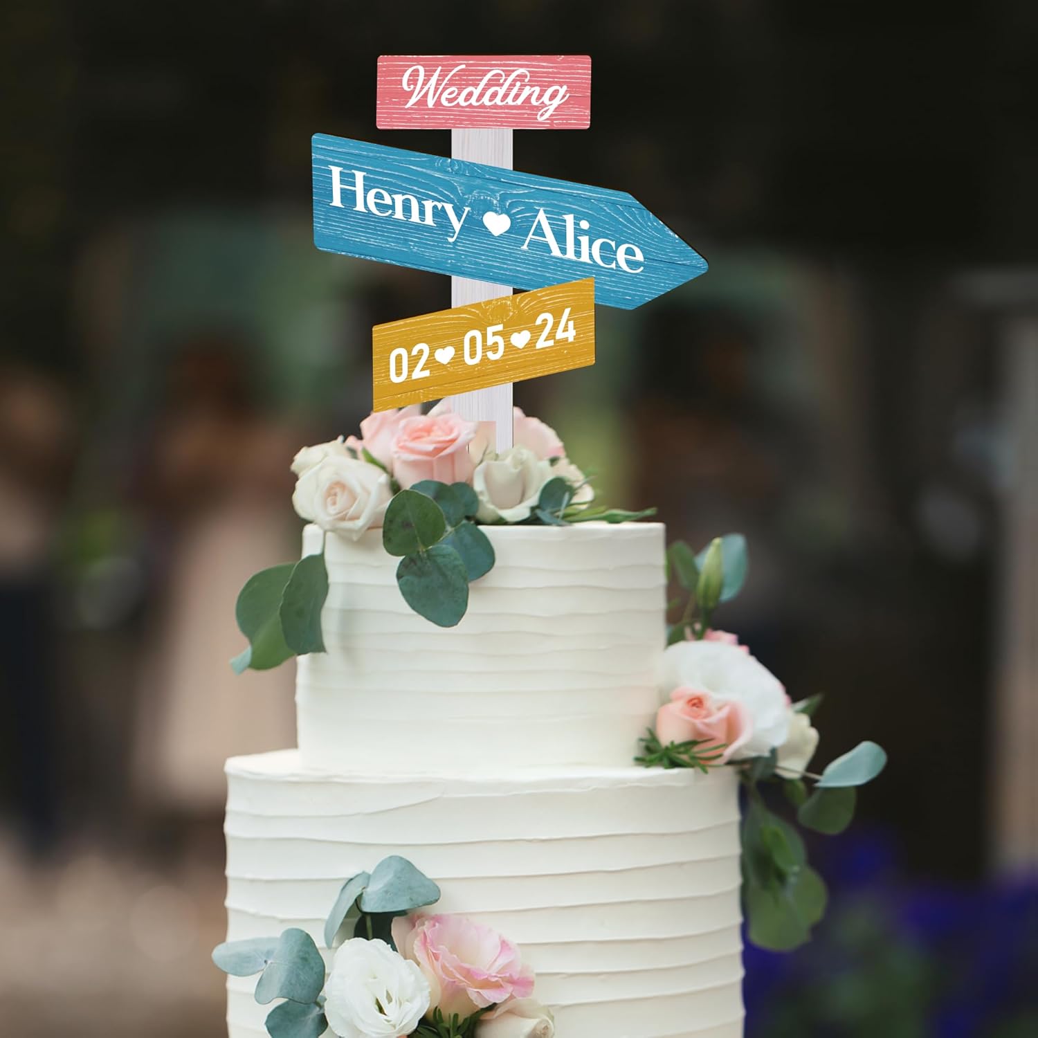 Personalized Rustic Wedding Cake Topper in Wood Custom Bride & Groom Names Initials Wedding Date Cake Decoration (Candy)