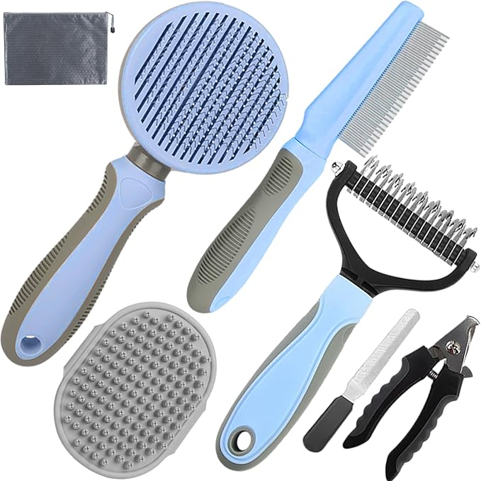 Dog Brush for Shedding,7 PCS Pet Grooming Brush Kit to De-fur & Hair Slicker Deshedding Brushes with Undercoat Rake Comb Bath Brush&Nail Clipper for Grooming Short Long Haired Dogs Cats Blue-PawvioPets