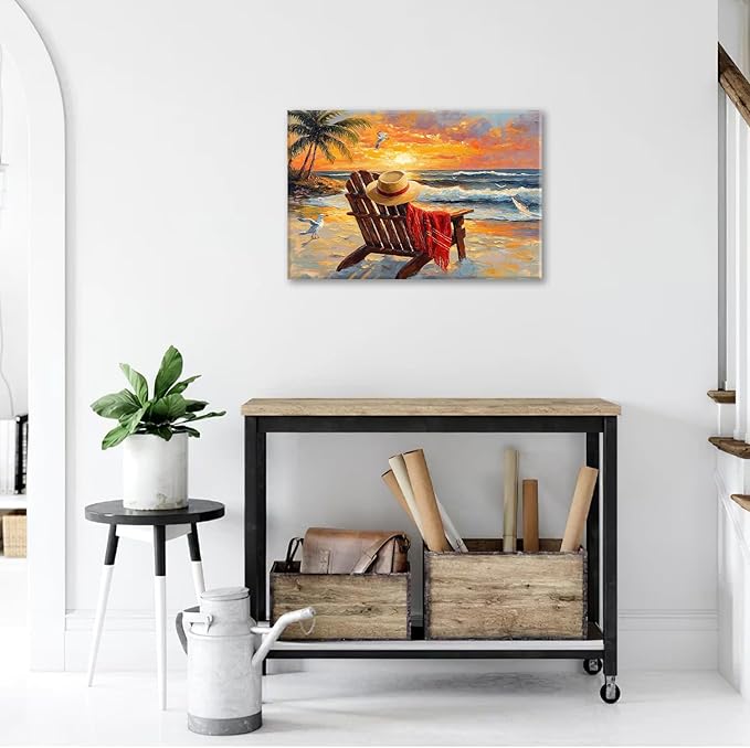 Beach Coastal Bathroom Pictures Wall Art, Seaside Ocean Bathroom Wall Decor, Sunrise Palm Framed Painting Canvas Artwork for Bedroom Living Room Decorations 24"L x 16"W-PawvioPets