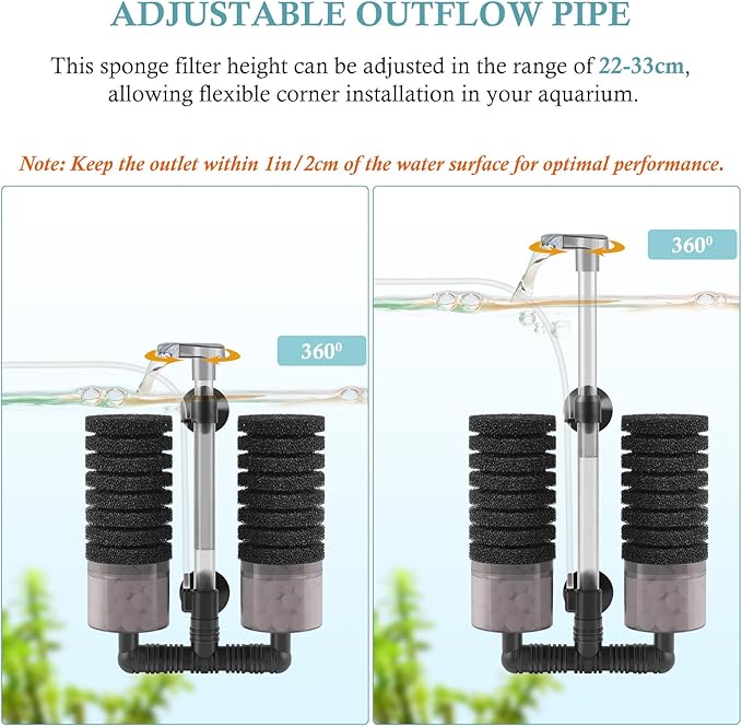 Air Powered Aquarium Sponge Filter with Biochemical Sponge and Ceramic Balls, Quiet Submersible Fish Tank Filter for 15-40Gallon （L-8.7in）-PawvioPets