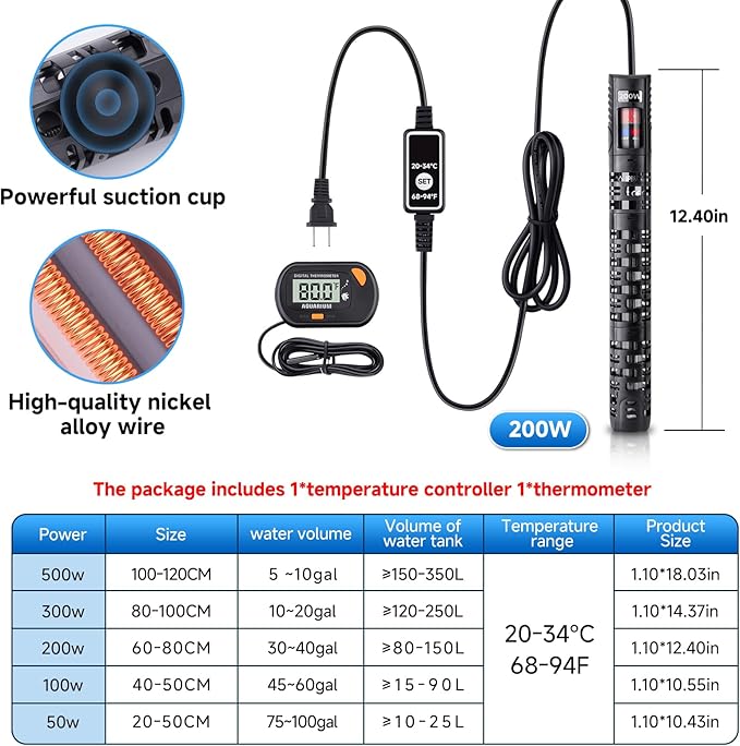Aquarium Heater Submersible Fish Tank 200W& Turtle Tank Heater with External Adjustment Controller, Included Thermometer, LED Display, Overheat Protection, Detachable Cover, for Saltwater&Freshwater-PawvioPets