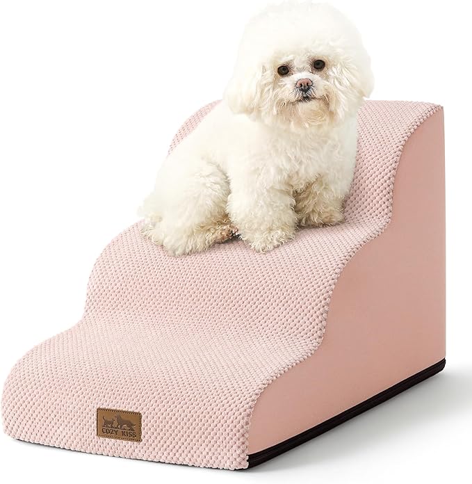 Dog Stairs for Small Dogs 15.7" H, Curved Dog Step for Puppy, Older Cat, Medium Pet Ramp for Sofa, Couch or Bed, Ladder with High Density Foam, 15.7x22.4x15.7 inch, 3 Step, Pink-PawvioPets