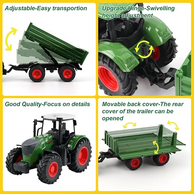Farm Toys Tractor with Trailer-16.5 Inches Tractor Playset 1/24 Scale Gripper Frontloader Spreader for Boys Kids Toddlers Age 3-7 Years Old-PawvioPets