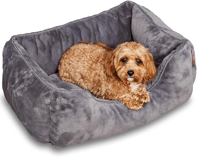 FUZI Luxury Aesthetic Dog Bed for Small Dogs with Washable Cover, Pet Couch, Pet Bed with Sides, Non-Slip Bottom, Soft & Durable Calming Dog Bed, Faux Rabbit Fur Cover, Small 25.1x16.75x9.5 Dark Grey-PawvioPets