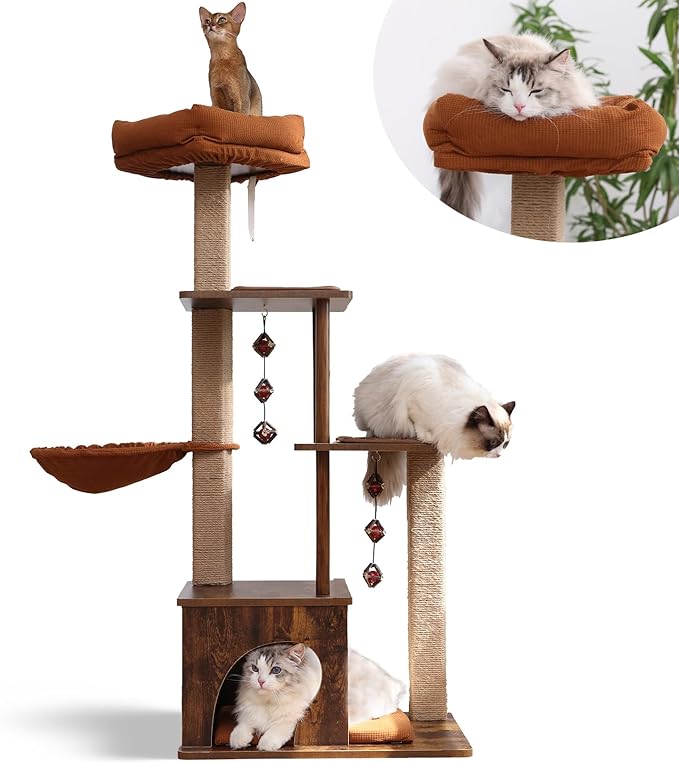 FUKUMARU Cat Tree, 4 in 1 Large Modern Cats Tower with Jute Scratching Post and Hammock, Wood Cat Condo with silvervine Balls, Brown Cat Climber Stand Playhouse for Indoor Cats, Retro Style-PawvioPets