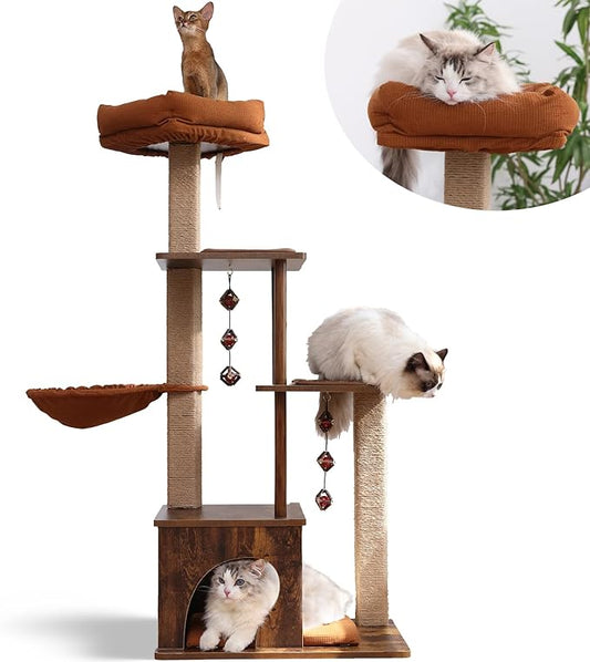 FUKUMARU Cat Tree, 4 in 1 Large Modern Cats Tower with Jute Scratching Post and Hammock, Wood Cat Condo with silvervine Balls, Brown Cat Climber Stand Playhouse for Indoor Cats, Retro Style-PawvioPets