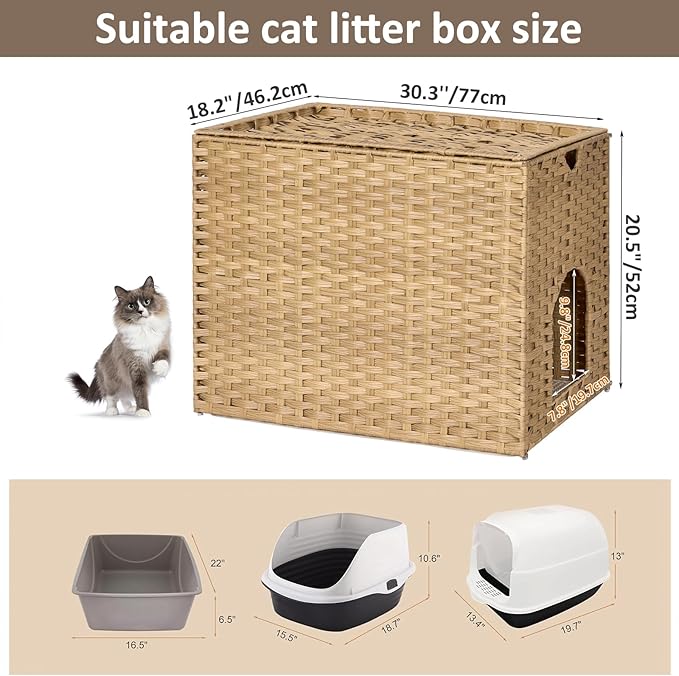 Cat Litter Box Enclosure with Litter Trapping Mat; Handwoven Plastic Rattan Cat House; No Installation Hidden Cat Washroom; Pet Crate for Balcony,Bedroom,Living Room-PawvioPets