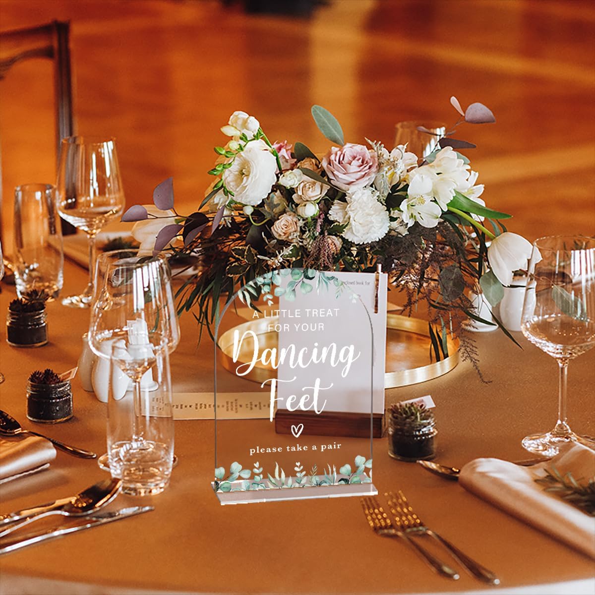 Acrylic Wedding Sign A Little Treat for Your Dancing Feet Signs for Ceremony Modern Calligraphy Arch Acrylic Table Top Signs for Wedding Reception and Event Party Table Decor (Eucalyptus Leaves)