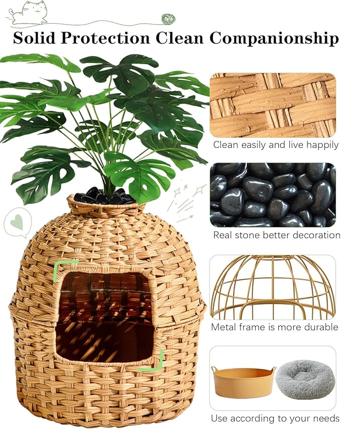 Cat Litter Box Plant Furniture Enclosure, Hidden Handwoven Rattan with Cat Litter Box and Artificial Plants, Odor Control Filter, Real Stones in Living Room, Bedroom, Corner Natural-PawvioPets