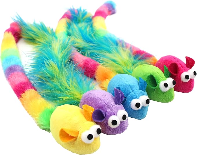 5 Pack Interactive Catnip and Feather Cat Toys, Multi-Colored Mice with Long Feather Tail, Accessories for Indoor Cat, Catnip Plush Toys with Natural Feathers and Rattles-PawvioPets