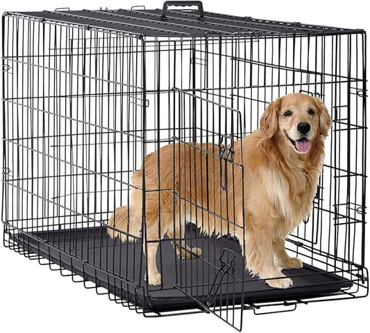 BestPet | Dog Crate | 48" | Black | Foldable Metal Kennel with Double Doors, Secure Slide-Bolt Latches, Leakproof Tray | Portable Dog Cage for Large Breeds | for Travel, Indoor & Outdoor Use-PawvioPets