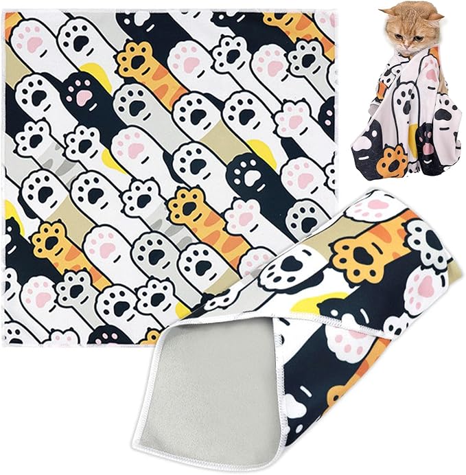 Cat Grooming Wrap, Cat Wrap Self-Adherent, Anti-Scratch Anti-Bite, Anti-Escape Grooming Bag for Cats Nail Clipping, Ear Cleaning, and Teeth Brushing (27.6 × 27.6" Paw Prints)-PawvioPets