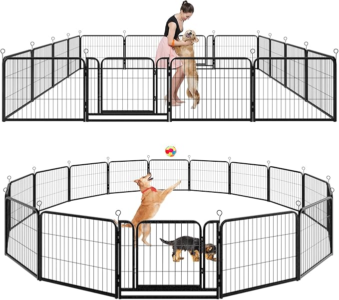 Dog Playpen Outdoor Extra Wide 16 Piece Panels Heavy Duty Dog Fence 24" Height Anti-Rust with Doors Portable for RV Camping Yard, Total 29FT, 68 Sq.ft, Snowy Black-PawvioPets