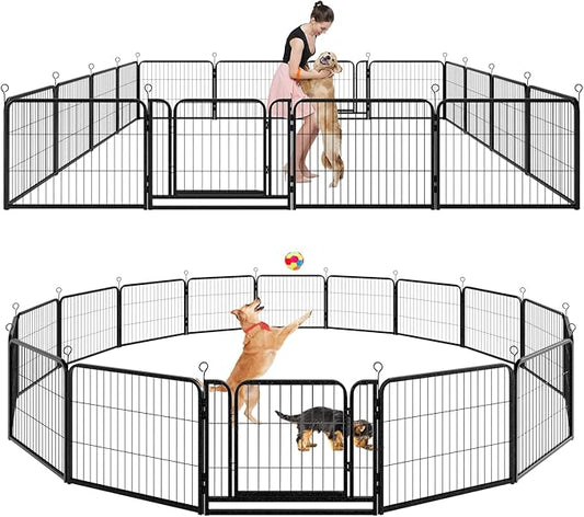 Dog Playpen Outdoor Extra Wide 16 Piece Panels Heavy Duty Dog Fence 24" Height Anti-Rust with Doors Portable for RV Camping Yard, Total 29FT, 68 Sq.ft, Snowy Black-PawvioPets
