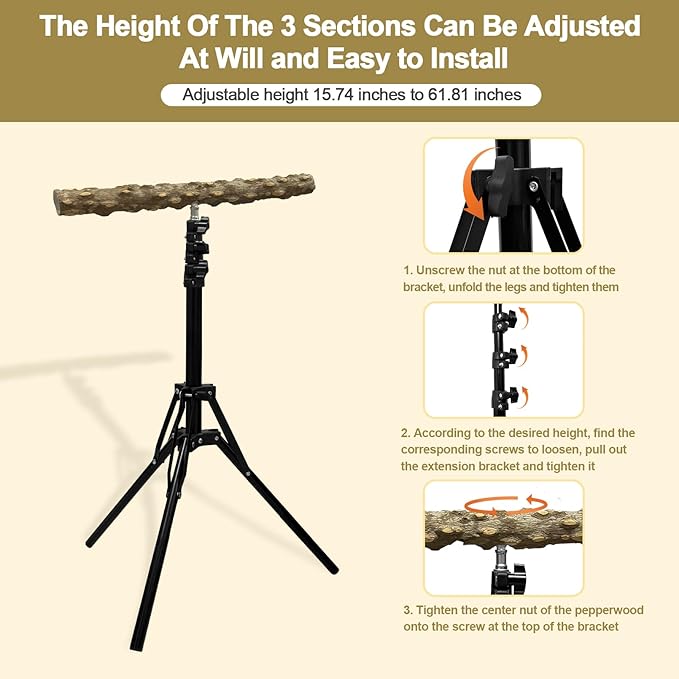 16-63 Inch Height Adjustable Bird Perch Pepper Wood Bird Training Perch Stand Parakeet Perches Indoor and Outdoor Parrot Stands for Small to Medium Bird-PawvioPets