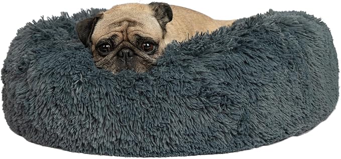 Best Pet Supplies Round Donut Dog Bed with Plush Faux Fur Fabric, Calming, Anti-Anxiety Cushion for Indoor Pets, Slip-Resistant Base, Soft Ergonomic Support - Gray, 27x27x7.5''-PawvioPets