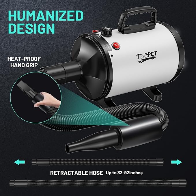 Dog Dryer High Velocity Dog Hair Dryer with 4 Nozzles 5.2HP/3800W (Professional Super Cyclone), Stepless Adjustable Speed Temperature Dogs Grooming Blow Dryer with Heater for Pets Hair Dryer, White-PawvioPets