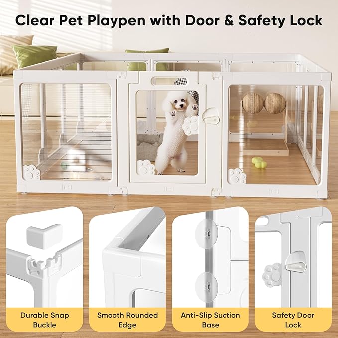 Acrylic Clear Dog Play Pen Indoors, Puppy Playpen with Door for Small Dogs Puppies, Transparent Plastic Pet Playpen Cage Fence Crate Kennel for Cat Kitten Rabbit Bunny Ferret etc (White-10 Panels)-PawvioPets