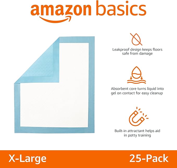 Amazon Basics Dog and Puppy Pee Pads with 5-Layer Leak-Proof Design and Quick-Dry Surface for Potty Training, Heavy Duty Absorbency, X-Large, 28 x 34 Inch - Pack of 25, Blue & White-PawvioPets
