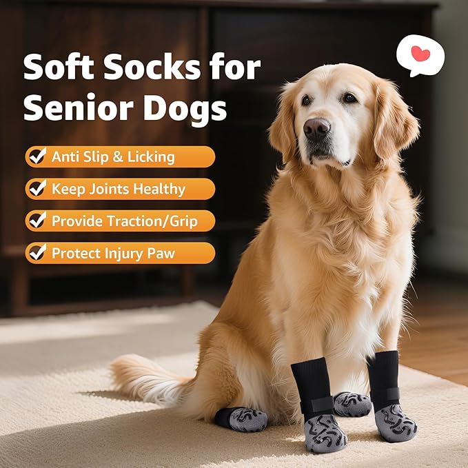 Double Sides Non-Slip Dog Socks to Prevent Licking Paws - Strong Traction for Hardwood Floors, Senior Dogs, Paw Protector, Dog Socks with Grippers Black-PawvioPets