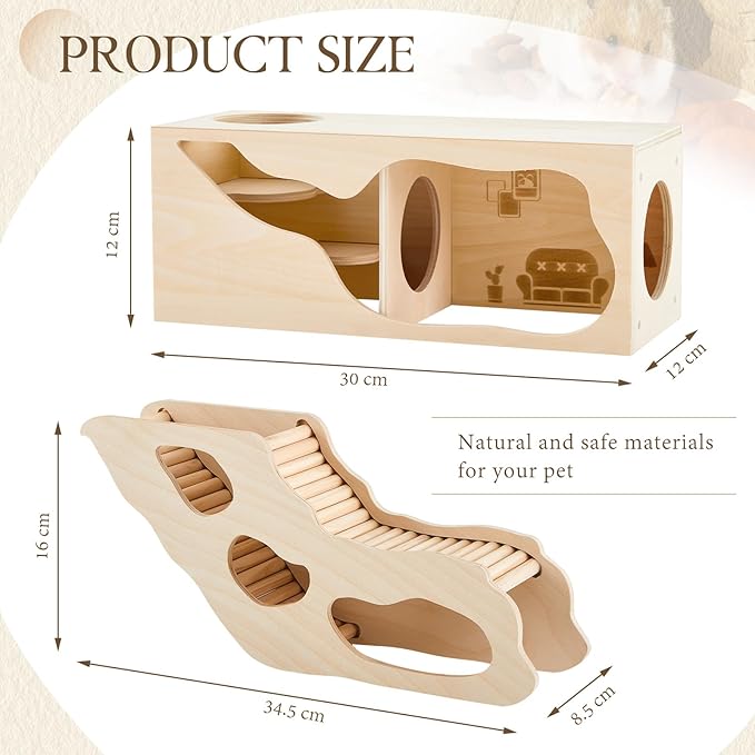 2 Pcs Hamster Houses and Hideouts Hamster Tunnel Set Wood House for Hamster with Climbing Ladder Exploring Tunnel Multi Chamber Maze for Small Animals Pets Gerbils Hedgehogs Rats Mice-PawvioPets
